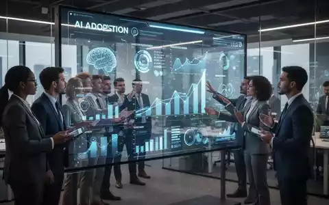 Geschäftsleute in einem modernen Büro, die um einen großen digitalen Bildschirm herum zusammenarbeiten, der KI-Adoptionsdaten zeigt. - Foto: über boerse-global.de