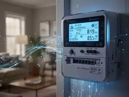 Nahaufnahme eines modernen Smart Meters mit digitaler Anzeige, die Energieverbrauchsdaten darstellt und blau leuchtet. - Foto: über boerse-global.de
