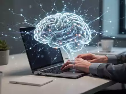 Eine Person tippt an einem Laptop, darüber schwebt ein stilisiertes, leuchtendes KI-Gehirn, das Produktivität und Technologie symbolisiert. - Foto: über boerse-global.de