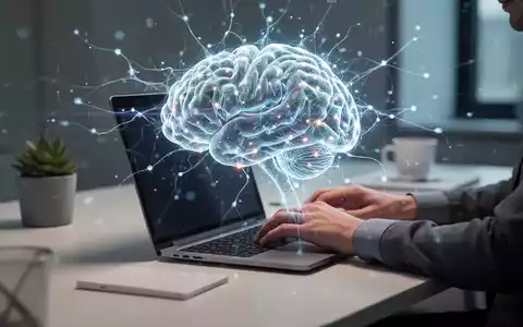 Eine Person tippt an einem Laptop, darüber schwebt ein stilisiertes, leuchtendes KI-Gehirn, das Produktivität und Technologie symbolisiert. - Foto: über boerse-global.de
