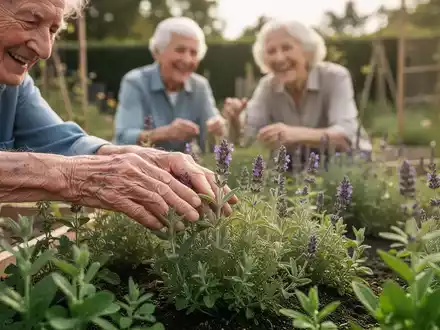 Ältere Hände berühren sanft duftende Kräuter in einem Sinnesgarten, mit verschwommener, fröhlicher, generationenübergreifender Interaktion im Hintergrund. - Foto: über boerse-global.de