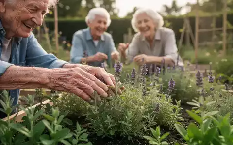 Ältere Hände berühren sanft duftende Kräuter in einem Sinnesgarten, mit verschwommener, fröhlicher, generationenübergreifender Interaktion im Hintergrund. - Foto: über boerse-global.de