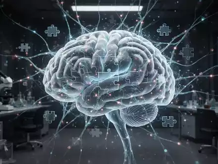 Abstraktes Bild eines leuchtenden neuronalen Netzwerks mit integrierten Puzzleteilen, das kognitive Stimulation darstellt. - Foto: über boerse-global.de