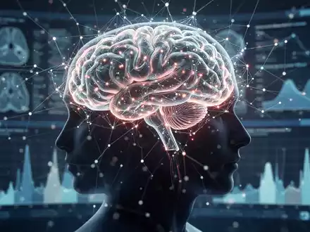 Ein stilisiertes, leuchtendes neuronales Netz, das sich über einen menschlichen Kopf legt, symbolisiert KI und psychische Gesundheit. - Foto: über boerse-global.de
