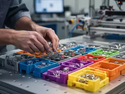 Nahaufnahme von Händen, die kleine Bauteile in maßgeschneiderte, 3D-gedruckte Sortierschalen auf einer Werkbank legen. - Foto: über boerse-global.de