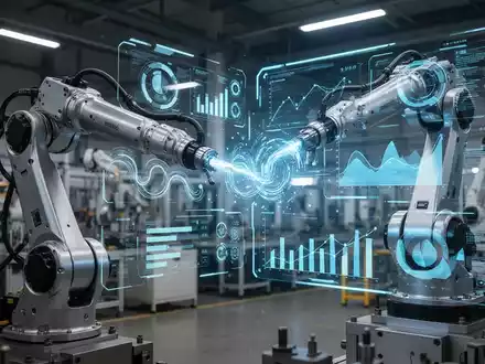 Ein Roboterarm interagiert mit einem holografischen Interface, das Datenvisualisierungen in einer modernen Fabrik zeigt. - Foto: über boerse-global.de