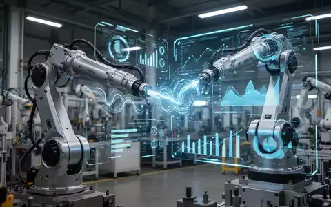 Ein Roboterarm interagiert mit einem holografischen Interface, das Datenvisualisierungen in einer modernen Fabrik zeigt. - Foto: über boerse-global.de