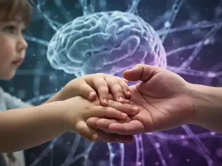 Nahaufnahme einer Kinderhand, die sanft eine Erwachsenenhand berührt, mit verschwommenen, abstrakten neuronalen Mustern im Hintergrund. - Foto: über boerse-global.de
