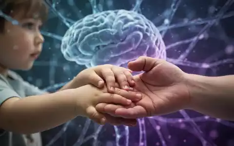 Nahaufnahme einer Kinderhand, die sanft eine Erwachsenenhand berührt, mit verschwommenen, abstrakten neuronalen Mustern im Hintergrund. - Foto: über boerse-global.de