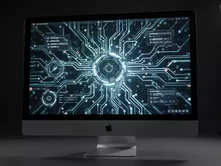 A close-up of a modern Apple iMac screen showing a futuristic operating system interface with glowing circuit board patterns. - Foto: über boerse-global.de