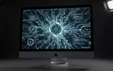 A close-up of a modern Apple iMac screen showing a futuristic operating system interface with glowing circuit board patterns. - Foto: über boerse-global.de