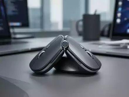 A close-up of a sleek, modern foldable mouse, highlighting its compact and ergonomic design against a blurred professional background. - Foto: über boerse-global.de