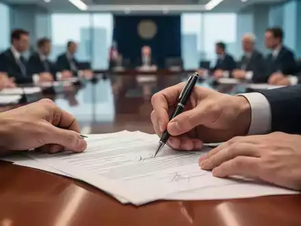 Hände unterzeichnen Dokumente auf einem Konferenztisch, umgeben von Notizen und Stiften, symbolisiert Bürokratieabbau. - Foto: über boerse-global.de