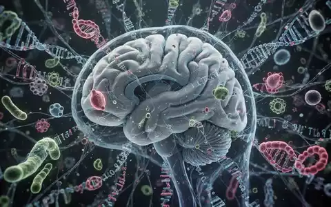 Eine Nahaufnahme eines menschlichen Gehirns, überlagert mit abstrakten Darstellungen von DNA-Strängen und Darmbakterien. - Foto: über boerse-global.de