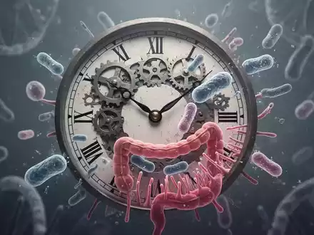 Eine stilisierte Uhr, deren Zahnräder sich mit abstrakten Darstellungen von Darmmikroben und Darmzotten verbinden, symbolisiert chronobiologische Rhythmen und Verdauungsgesundheit. - Foto: über boerse-global.de