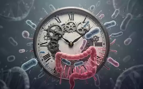 Eine stilisierte Uhr, deren Zahnräder sich mit abstrakten Darstellungen von Darmmikroben und Darmzotten verbinden, symbolisiert chronobiologische Rhythmen und Verdauungsgesundheit. - Foto: über boerse-global.de