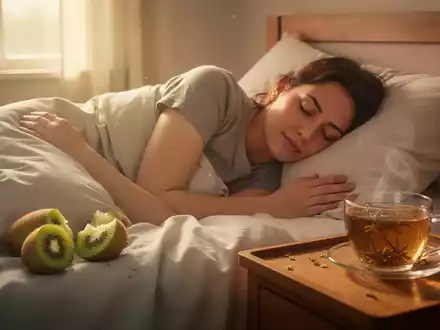 Eine Person schläft friedlich in einem Bett, mit weichem Morgenlicht und einem Kiwi sowie Kräutertee auf dem Nachttisch. - Foto: über boerse-global.de