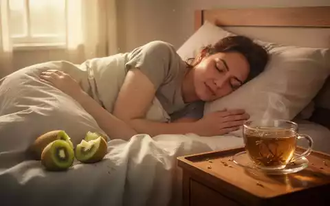 Eine Person schläft friedlich in einem Bett, mit weichem Morgenlicht und einem Kiwi sowie Kräutertee auf dem Nachttisch. - Foto: über boerse-global.de
