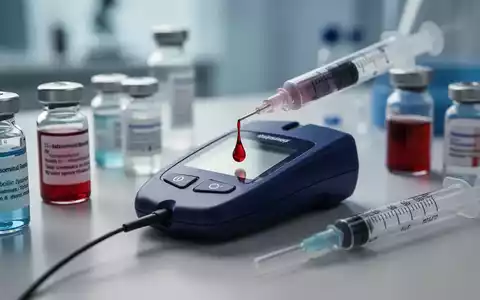Ein Blutzuckermessgerät mit einem Bluttropfen, umgeben von medizinischen Fläschchen und einer Spritze in einem Labor. - Foto: über boerse-global.de