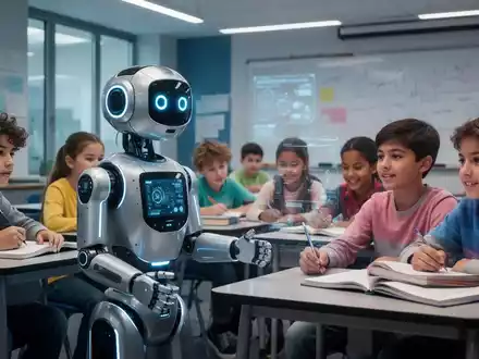 A futuristic robot engaging with students in a modern classroom, symbolizing educational technology and innovation. - Foto: über boerse-global.de