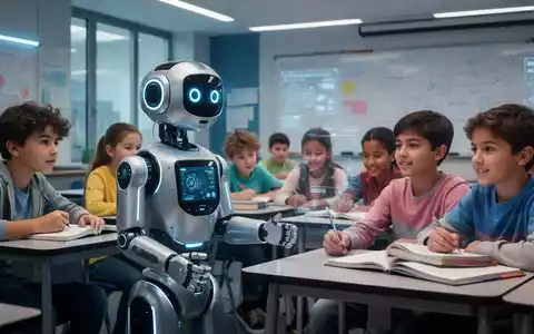 A futuristic robot engaging with students in a modern classroom, symbolizing educational technology and innovation. - Foto: über boerse-global.de