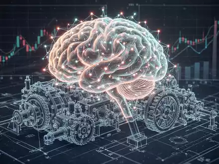 A glowing, intricate neural network brain superimposed over a technical blueprint of industrial machinery, with faint financial data in the background. - Foto: über boerse-global.de