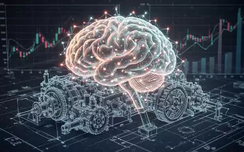 A glowing, intricate neural network brain superimposed over a technical blueprint of industrial machinery, with faint financial data in the background. - Foto: über boerse-global.de