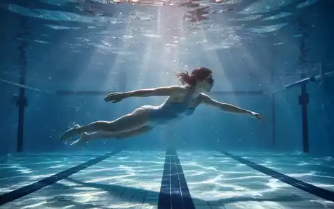 Eine Person schwimmt anmutig in einem blauen Pool, mit Sonnenlicht, das durch das Wasser fällt. - Foto: über boerse-global.de