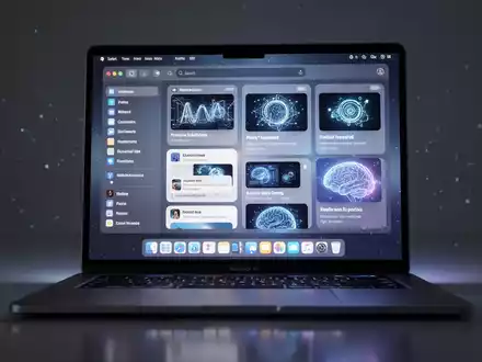 A close-up of a modern Mac laptop screen showing the Safari browser with intelligently organized tabs and glowing AI features. - Foto: über boerse-global.de