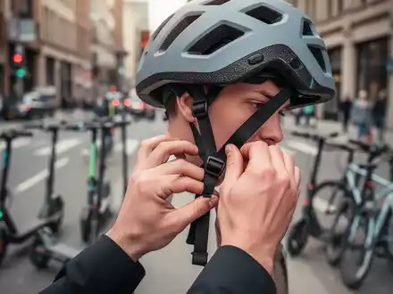 Eine Person legt einen Sicherheitshelm an, mit unscharfem Hintergrund einer Stadtstraße und Mikromobilitätsfahrzeugen. - Foto: über boerse-global.de