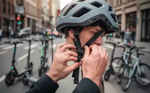 Eine Person legt einen Sicherheitshelm an, mit unscharfem Hintergrund einer Stadtstraße und Mikromobilitätsfahrzeugen. - Foto: über boerse-global.de