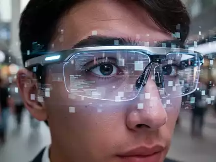 Eine Person trägt Smart Glasses, die teilweise durch einen digitalen Privatsphäre-Schild verdeckt sind. Im Hintergrund ein unscharfer öffentlicher Raum. - Foto: über boerse-global.de