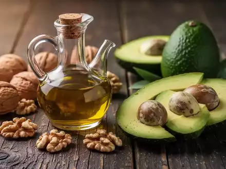 Nahaufnahme verschiedener gesunder Fette: Olivenöl in einer Karaffe, WalnĂŒsse und Avocadoscheiben auf dunklem Holz. - Foto: ĂŒber boerse-global.de