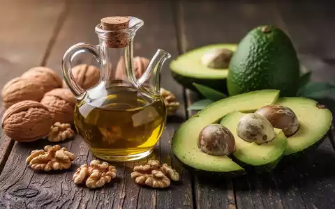 Nahaufnahme verschiedener gesunder Fette: Olivenöl in einer Karaffe, Walnüsse und Avocadoscheiben auf dunklem Holz. - Foto: über boerse-global.de