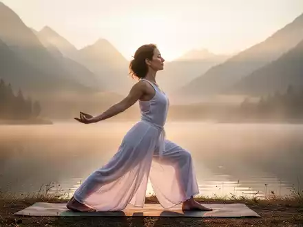 Eine Frau übt achtsam Yoga in einer ruhigen Berglandschaft bei Sonnenaufgang, die von goldenem Licht erfüllt ist. - Foto: über boerse-global.de