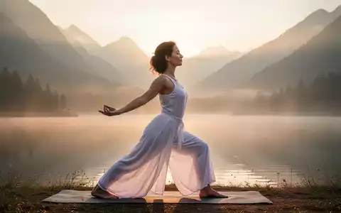 Eine Frau übt achtsam Yoga in einer ruhigen Berglandschaft bei Sonnenaufgang, die von goldenem Licht erfüllt ist. - Foto: über boerse-global.de