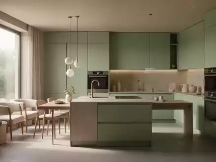 Modernes Kücheninterieur mit Macchiato-Wänden und Salbeigrün-Akzenten, natürlichem Licht und einem integrierten Arbeitsbereich. - Foto: über boerse-global.de