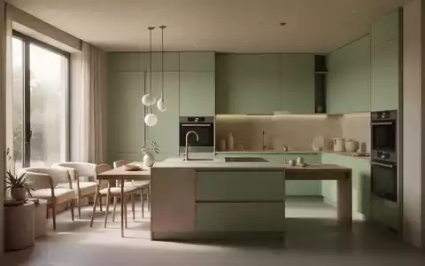 Modernes Kücheninterieur mit Macchiato-Wänden und Salbeigrün-Akzenten, natürlichem Licht und einem integrierten Arbeitsbereich. - Foto: über boerse-global.de