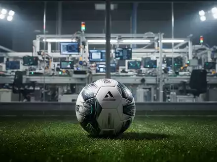 Ein Fußball auf einem grünen Rasen, im Hintergrund schemenhaft eine Elektronikfabrik, beleuchtet von Stadionlichtern. - Foto: über boerse-global.de