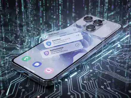 A Samsung Galaxy S25 smartphone screen showing AI notification summaries and security icons, with digital data streams in the background. - Foto: über boerse-global.de