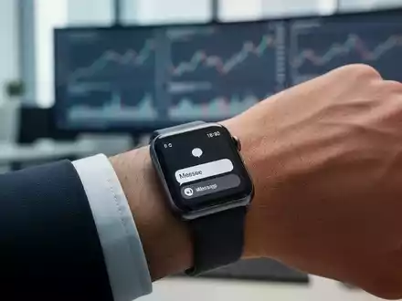 Eine Smartwatch am Handgelenk zeigt eine Nachrichten-App, im Hintergrund ein unscharfes Büro mit Finanzdaten. - Foto: über boerse-global.de
