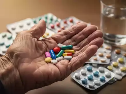 Nahaufnahme einer älteren Hand, die verschiedene bunte Pillen hält, mit verschwommenen Medikamentenpackungen im Hintergrund. - Foto: über boerse-global.de