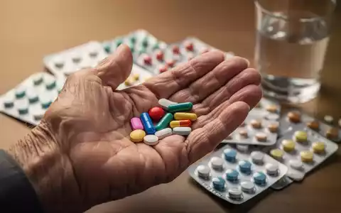 Nahaufnahme einer älteren Hand, die verschiedene bunte Pillen hält, mit verschwommenen Medikamentenpackungen im Hintergrund. - Foto: über boerse-global.de