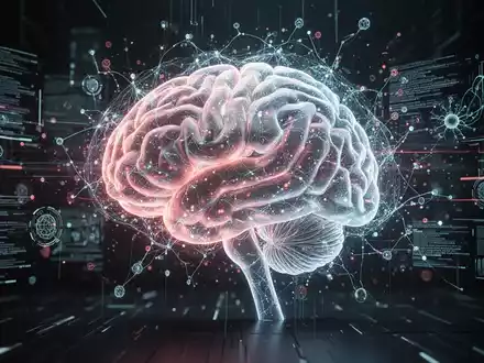 Ein stilisiertes, leuchtendes Gehirn-Hologramm mit digitalen Datenströmen und neuronalen Netzen, das kognitive Verbesserung darstellt. - Foto: über boerse-global.de