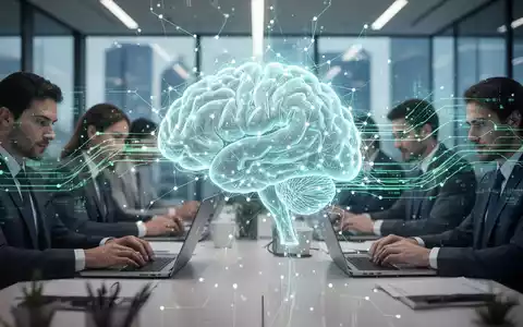 A glowing, interconnected AI brain network superimposed over a modern office with blurred figures working on laptops, representing enterprise AI integration. - Foto: über boerse-global.de