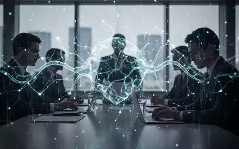 Abstrakte Darstellung eines neuronalen Netzwerks, das sich mit Silhouetten von Geschäftsleuten und Laptops vermischt, symbolisiert KI und Mitbestimmung. - Foto: über boerse-global.de