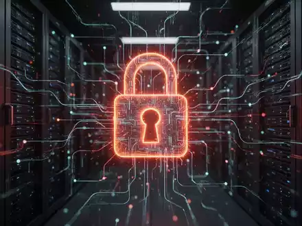 Abstraktes digitales Vorhängeschloss über einem Servernetzwerk mit roten Warnlichtern, das eine kritische Sicherheitslücke symbolisiert. - Foto: über boerse-global.de