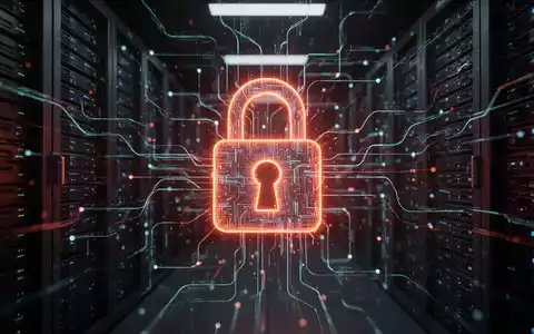 Abstraktes digitales Vorhängeschloss über einem Servernetzwerk mit roten Warnlichtern, das eine kritische Sicherheitslücke symbolisiert. - Foto: über boerse-global.de