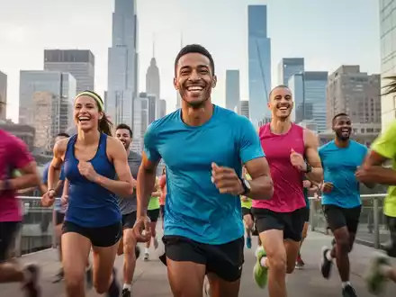 Mitarbeiter in Sportkleidung laufen gemeinsam bei einem Firmenlauf, mit verschwommener Bewegung und lächelnden Gesichtern. - Foto: über boerse-global.de