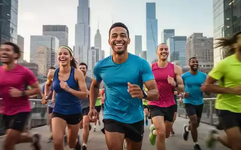 Mitarbeiter in Sportkleidung laufen gemeinsam bei einem Firmenlauf, mit verschwommener Bewegung und lächelnden Gesichtern. - Foto: über boerse-global.de